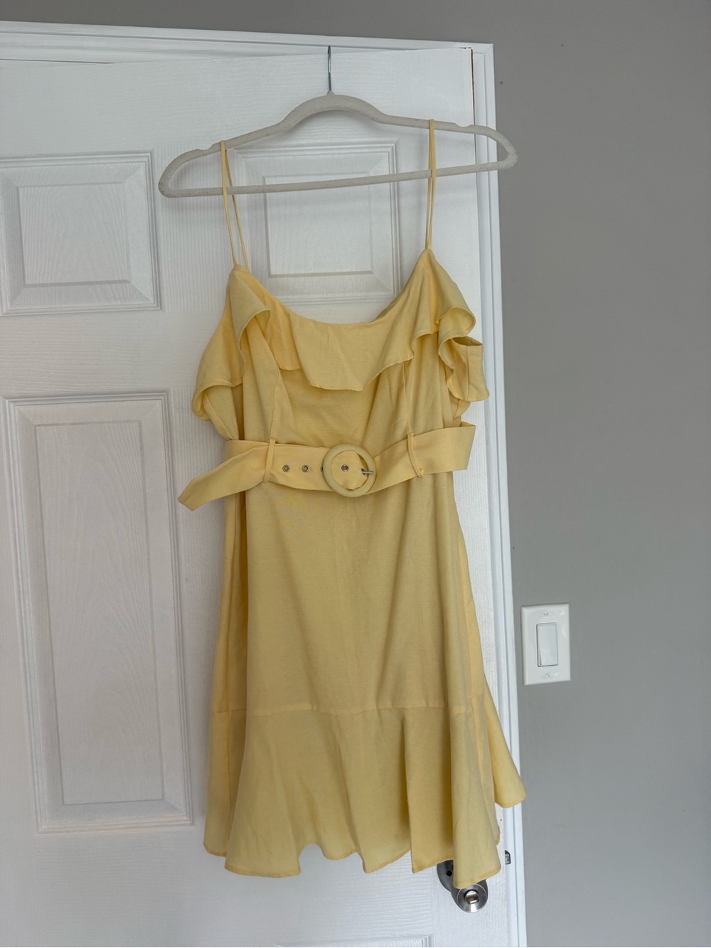 Yellow Ruffle Belted Spaghetti Strap Dress
